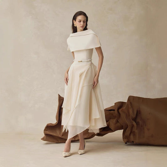Waist Cinched Dress with Cape Two-Piece Set Long Dress