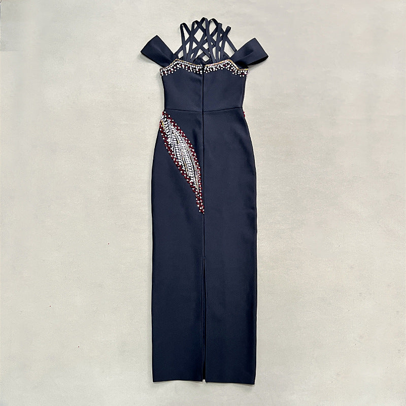 Style Backless Halter Sleeveless Fitted Beaded Embellished Bodycon Long Maxi Pencil Party Dress