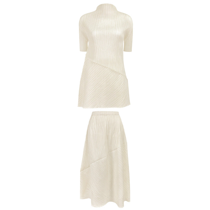 Spring new Korean style solid color pleated women's mid-length top irregular skirt clothing two-piece suit