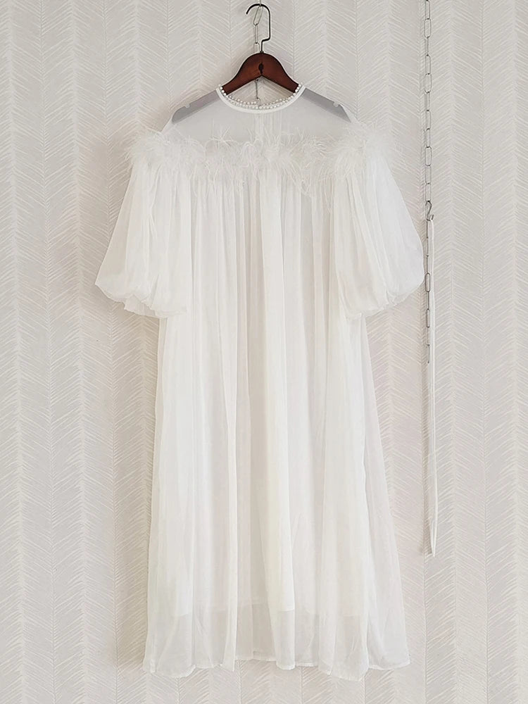 Women Mini Loose Dress Designer Fashion Pearls Puff Sleeve Solid Pink White Belt Holiday Casual