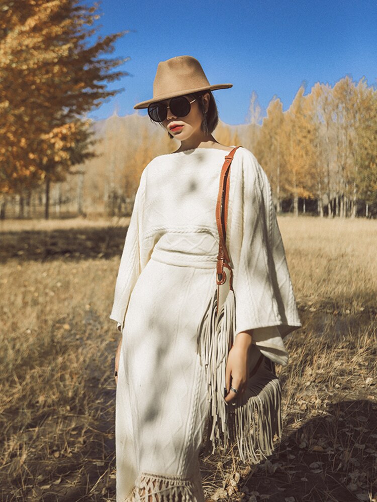 Vintage Versatile Tassel Knitted Dress Women's Spring and Autumn New Style Sweater Long Dress