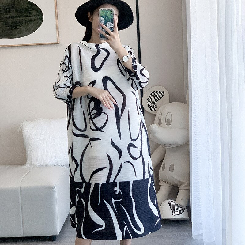 Miyake Pleated Spring New Women's French Fashion Print Dress Loose And Thin Belly-Covering Long Skirt