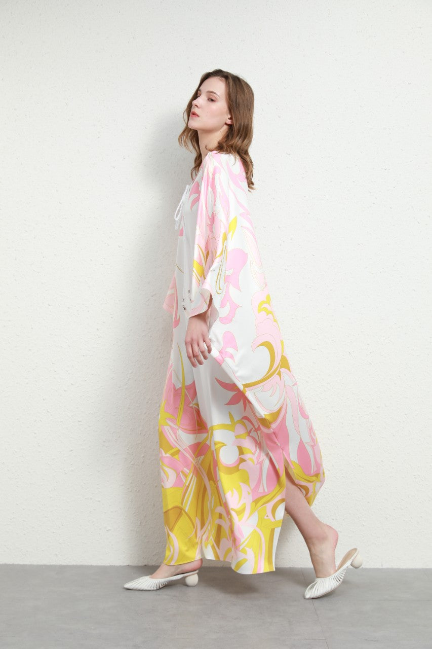 Spring/Summer V-Neck Large Size Doll Sleeves Urban Casual White Long Skirt Pullover Knitted Silk Print Loose Women's Clothing
