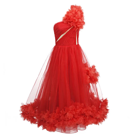 Elegant red sleeveless long gown with diagonal collar, perfect for Christmas and New Year parties, by eprolo.