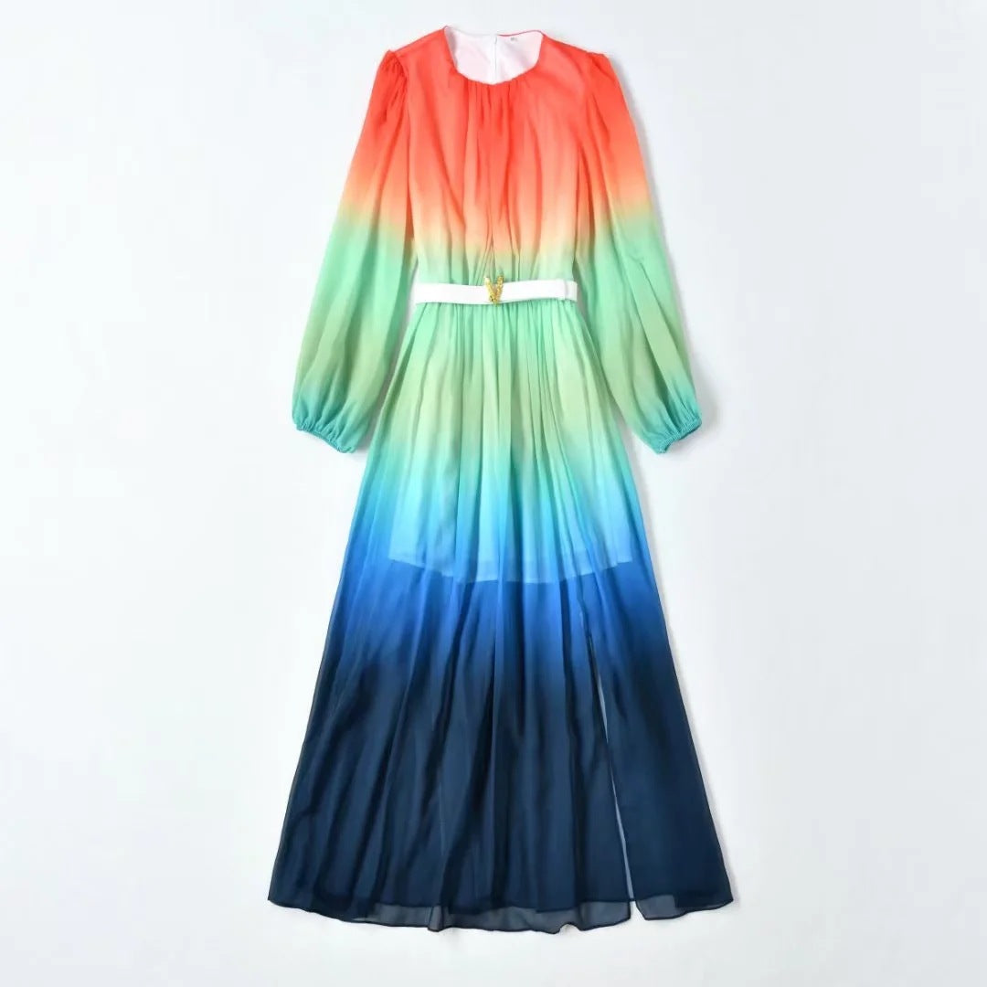 Spring And Summer New Women's Round Neck Lantern Long Sleeve Gradient Sexy Slit Dress