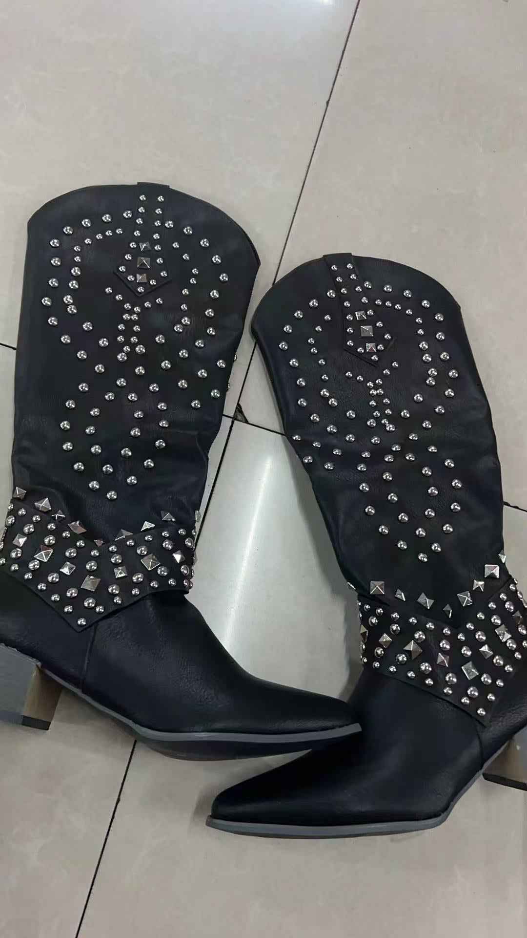Riveted long boots thick heel middle heel riveted high heeled women's boots