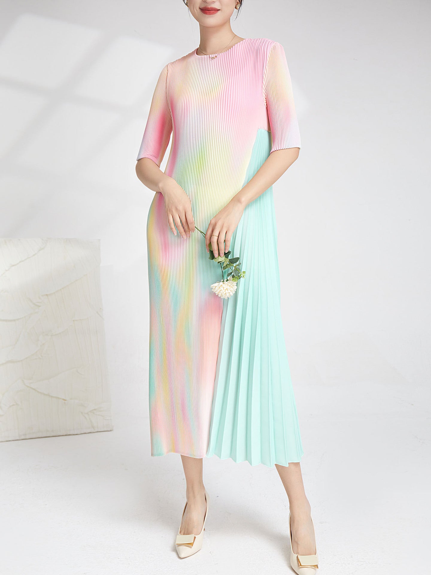 Gradient Patchwork Pleated Dress For Women O-neck Half Sleeves Irregular Dresses Female Clothes