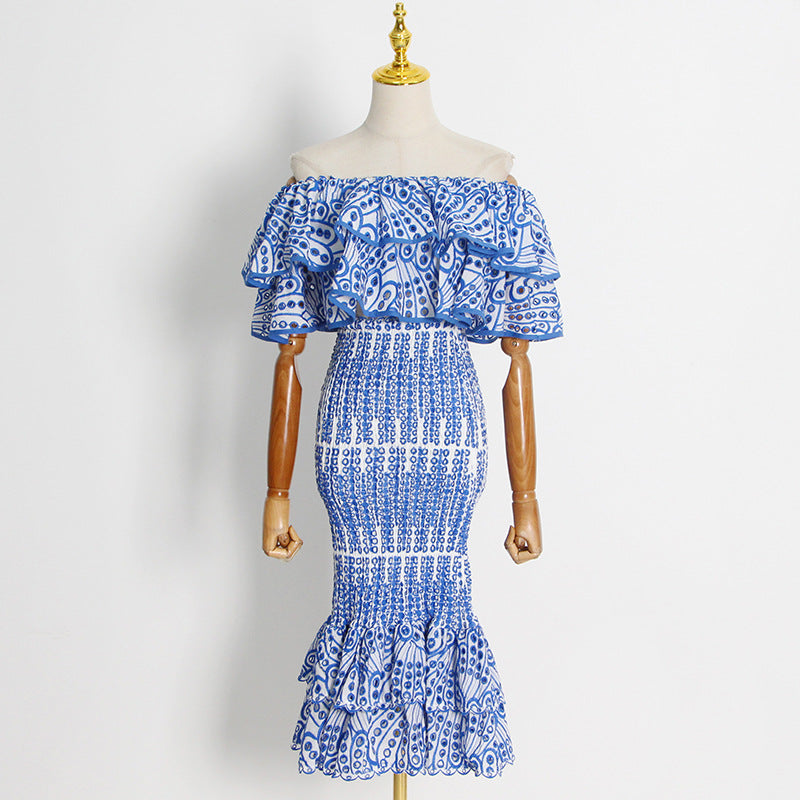 Beach Vacation Style Fashion Casual Set Women Ruffle Irregular Blouse + High Waist Mermaid Skirt Set
