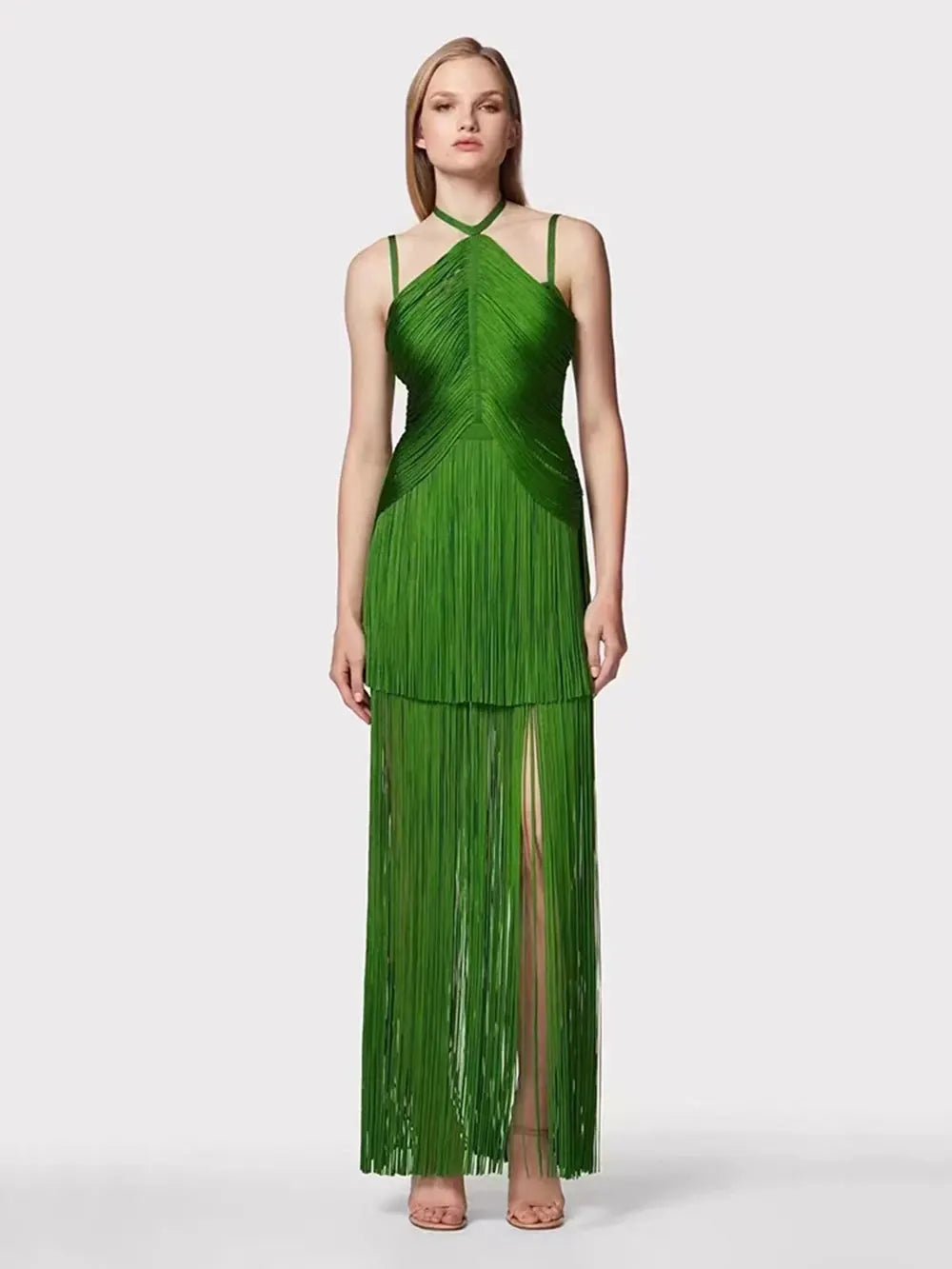 Green neckline suspender long skirt with tassel at the hem evening party dress