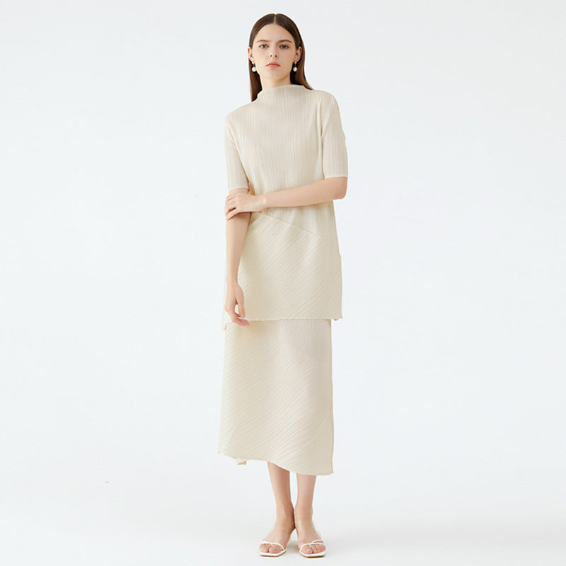 Spring new Korean style solid color pleated women's mid-length top irregular skirt clothing two-piece suit