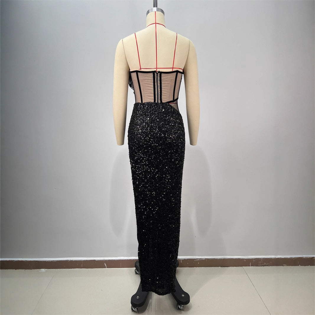Women's Strapless Low Neck Sequined Pleated Hem Sleeveless High Slit Black Red Carpet Evening Fish Tail Dress