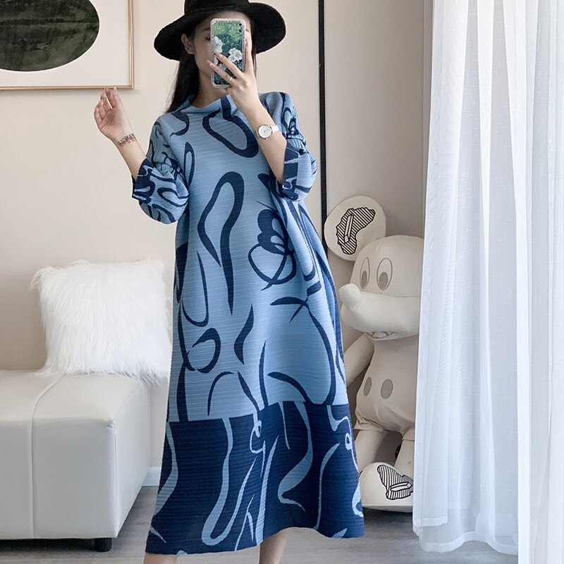 Miyake Pleated Spring New Women's French Fashion Print Dress Loose And Thin Belly-Covering Long Skirt