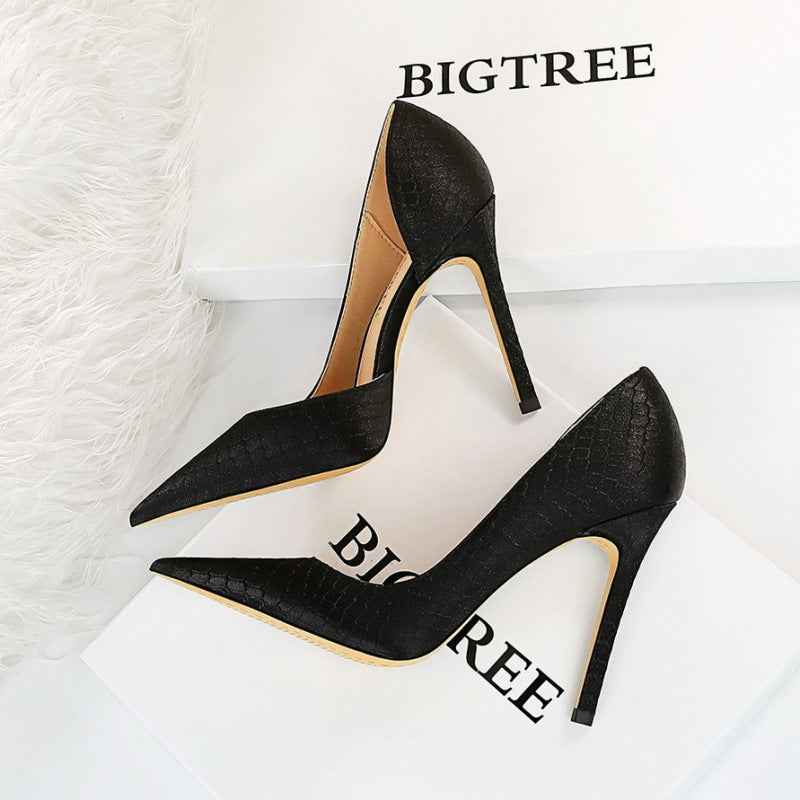 Thin heeled super high heels with shallow side hollow snake pattern silk high heels for women