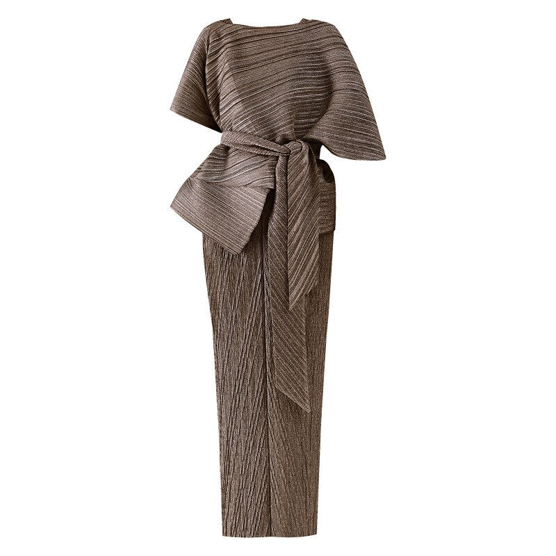 Pleated Dress Women's Two Piece Sling High Waist Lacing Elegant Ankel Length Banquet Formal New Summer Fashion