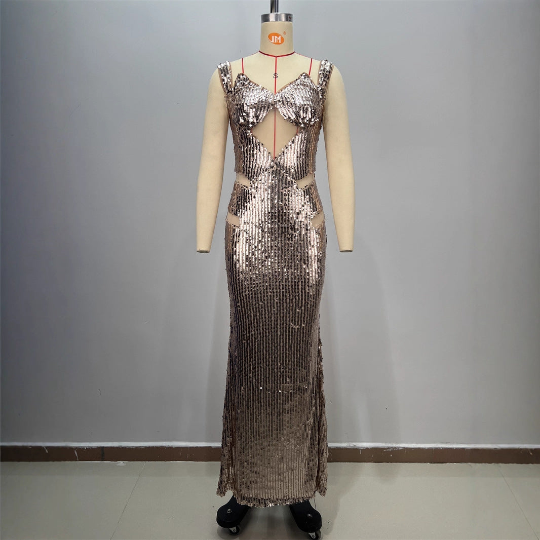New Backless V-neck Sleeveless Fitted Sequined Casual Long Dress for Party