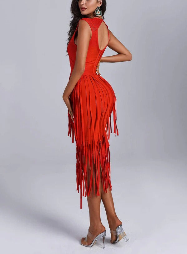 Backless fringe dress red sleeveless luxury bandage skirt hip-covering skirt