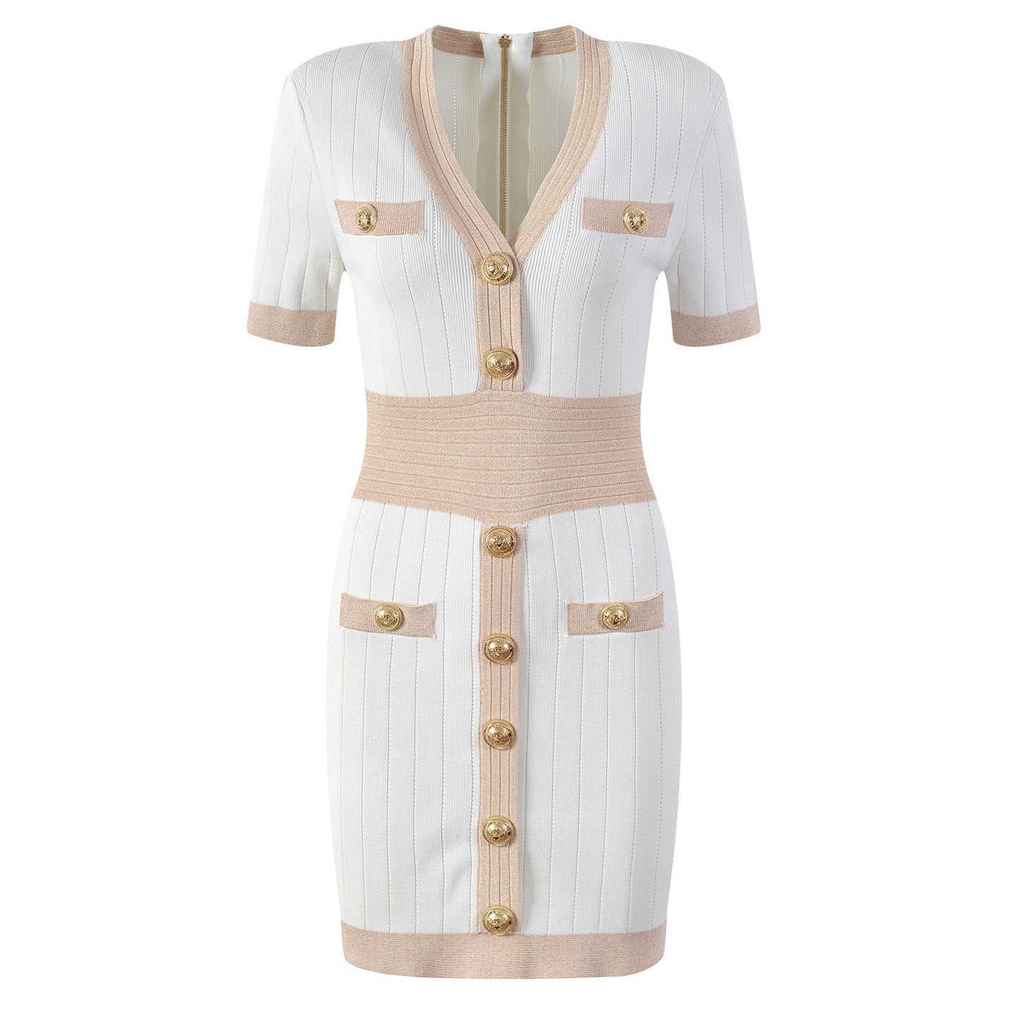 Gold buckle V-neck ice silk knitted dress, slim fit, waist cinching, slimming and hip hugging skirt