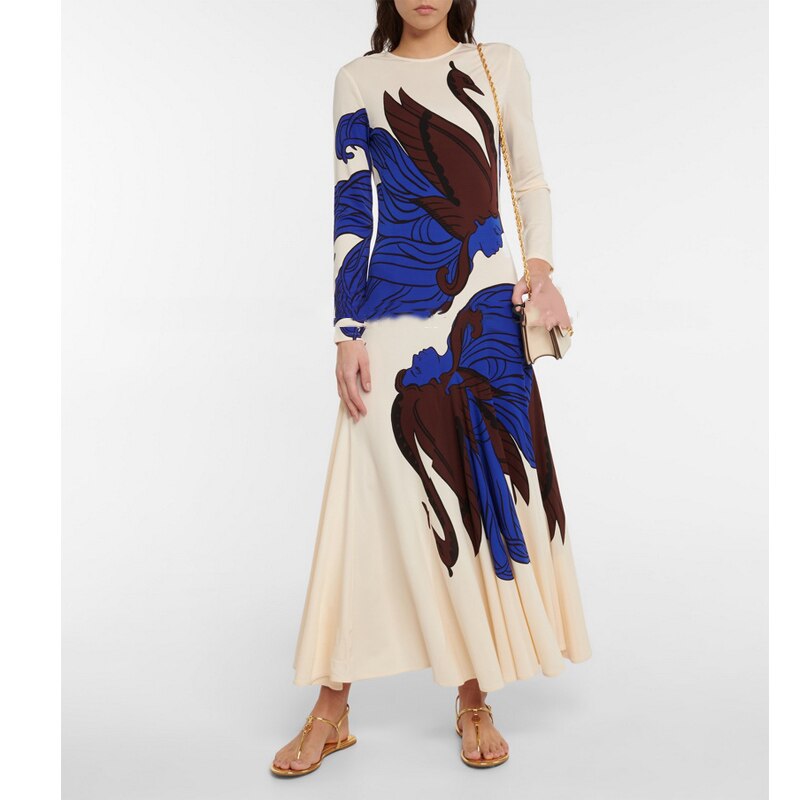 Runway Dress Women O-Neck Long Sleeve High Street Floral Printed Designer A-Line Midi Dresses Traf Clothes