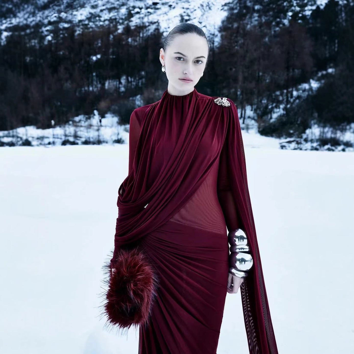 Red high neck pleated metal decorative cape dress