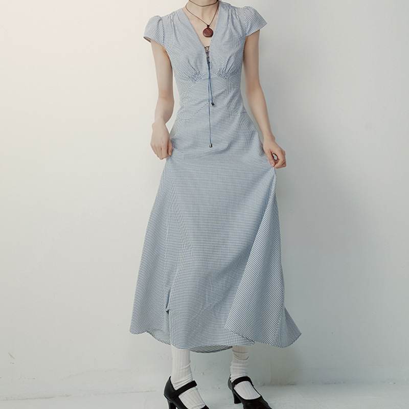 Type of clothing  Classic Vichy Check Cotton High-Waisted V-Neck Dress with Proportional Fit