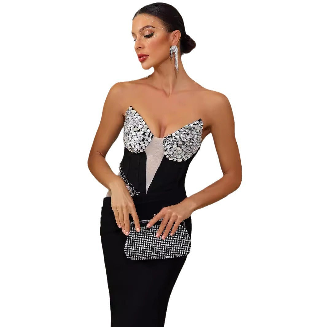 Fashionable sexy V-neck diamond chest cup mesh backless bandage dress high elastic evening dress - CIANARA