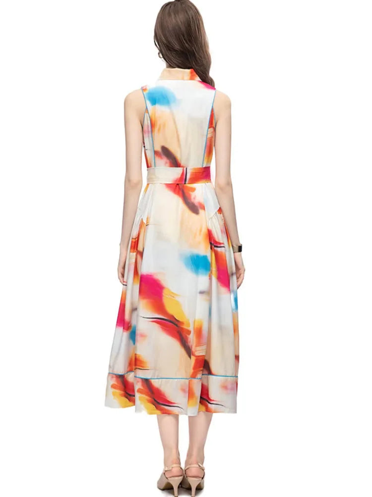 Single Breasted Lapel Print Draped Sleeveless Evening Dresses For Women Multi Elegant Light Luxury Dress