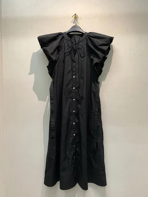 Fashion Women's Dress V-neck Flying Sleeves Single Breasted Lace-up Loose Ankle-length Dresses Summer  New Tide