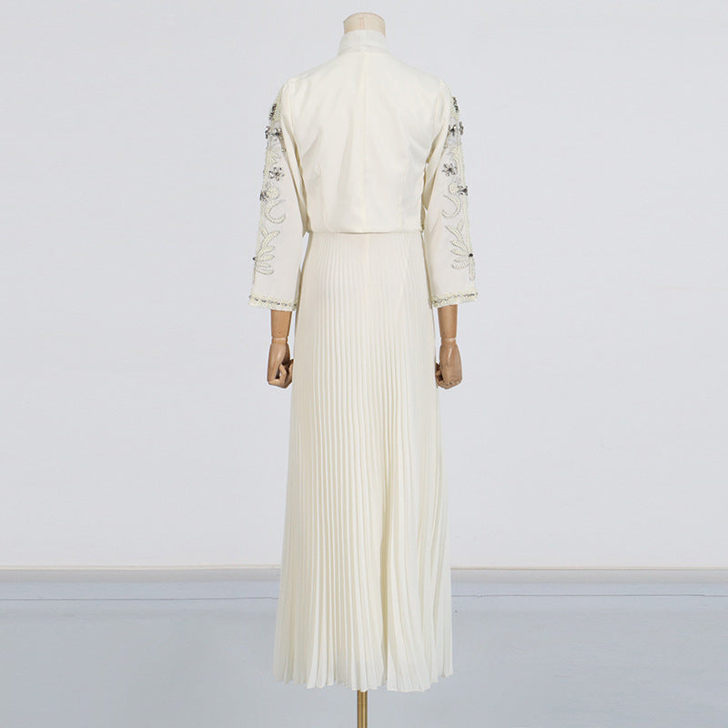 Style Heavy Embroidery Splicing Short Jacket + Pleated High Waist Skirt Set for Women