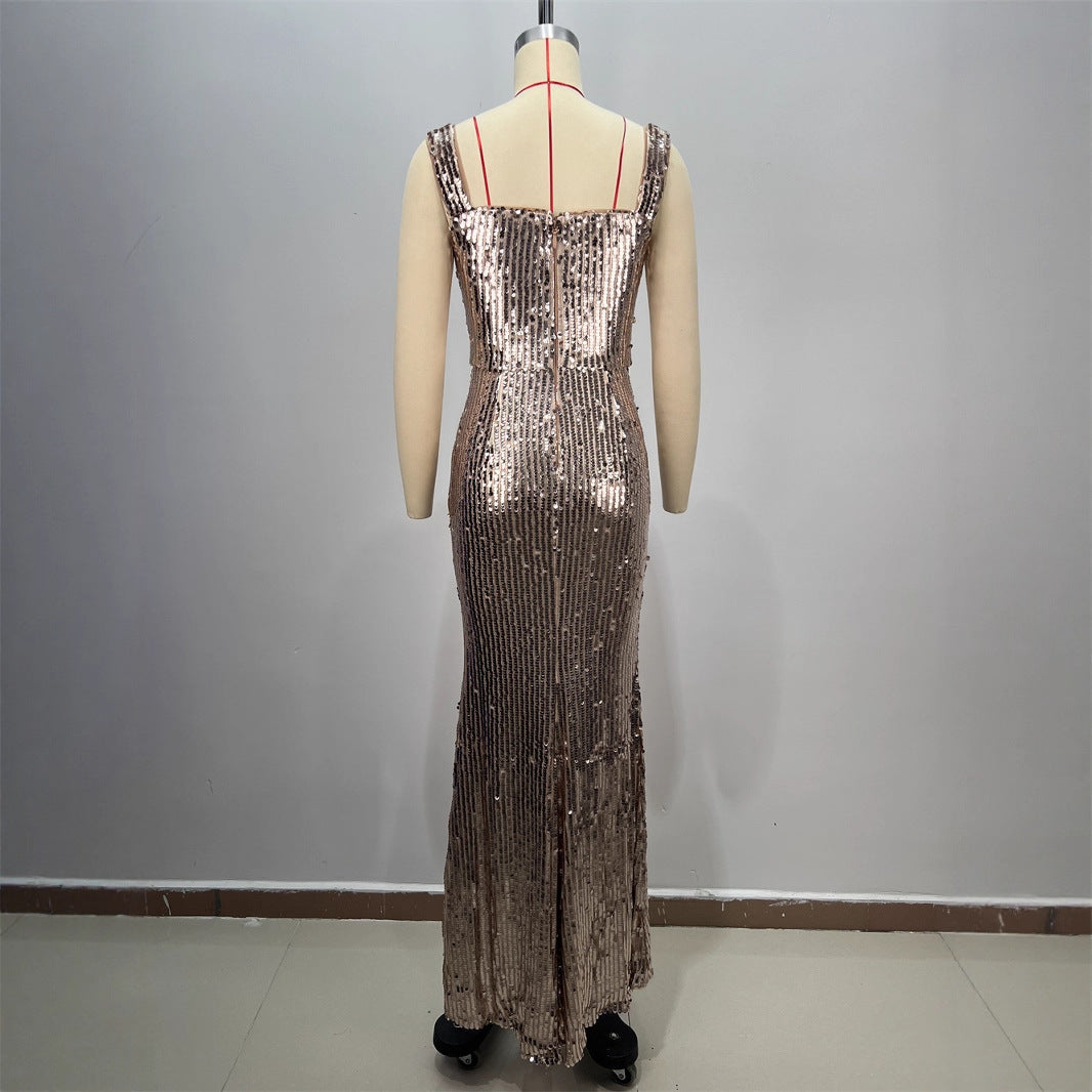 New Backless V-neck Sleeveless Fitted Sequined Casual Long Dress for Party