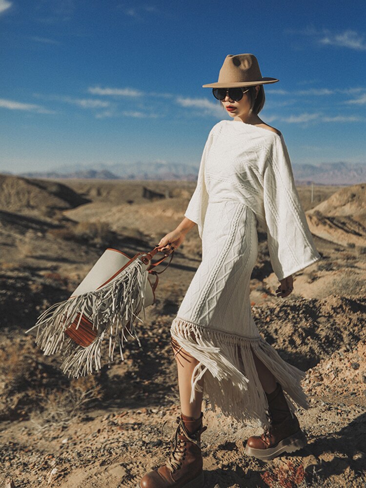 Vintage Versatile Tassel Knitted Dress Women's Spring and Autumn New Style Sweater Long Dress