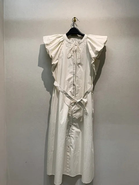 Fashion Women's Dress V-neck Flying Sleeves Single Breasted Lace-up Loose Ankle-length Dresses Summer  New Tide