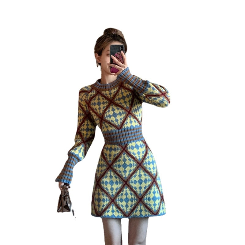 New Women's Waist and Thin Temperament Bottoming with New Year's Thick Sweater Skirt Knitted Dress Autumn and Winter O-Neck