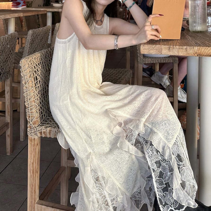 Two-piece Sleeveless Loose Lace Spliced Dress for Women with Irregular Design Sense Long Dress