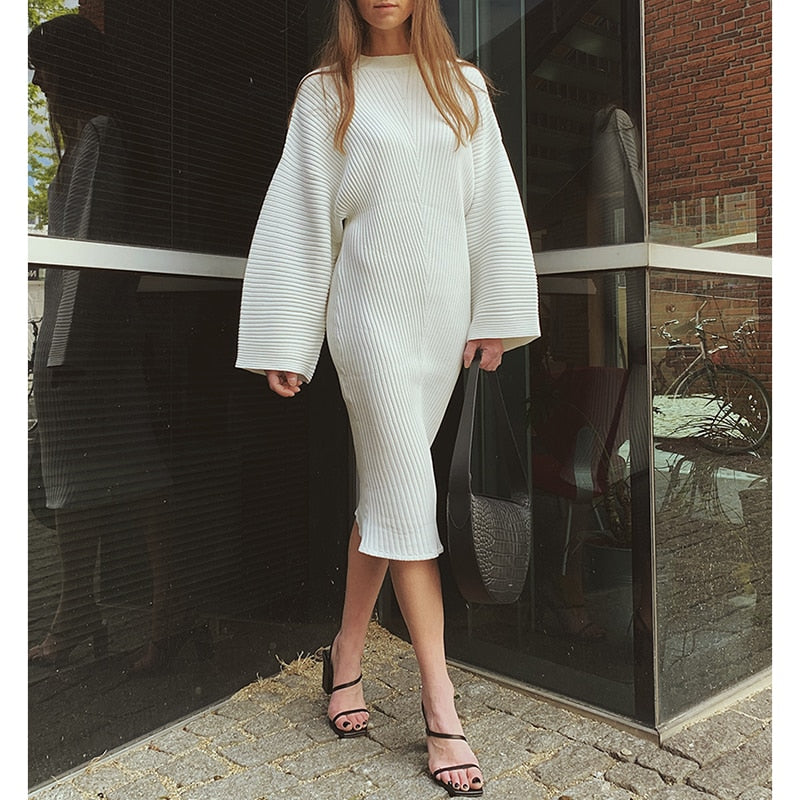 Europe and America Street Shooting Concave convex Stripe Knitted Dress Long Sleeve Loose Fashion Dress