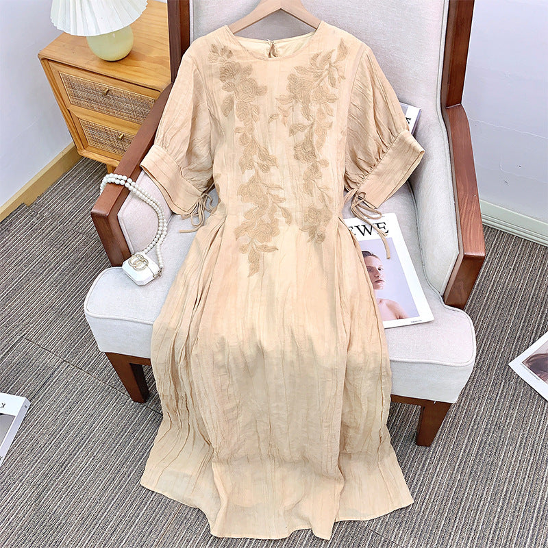 Loose Tie-Up Dress with Hand-Painted Embroidery, Linen Rayon Blend