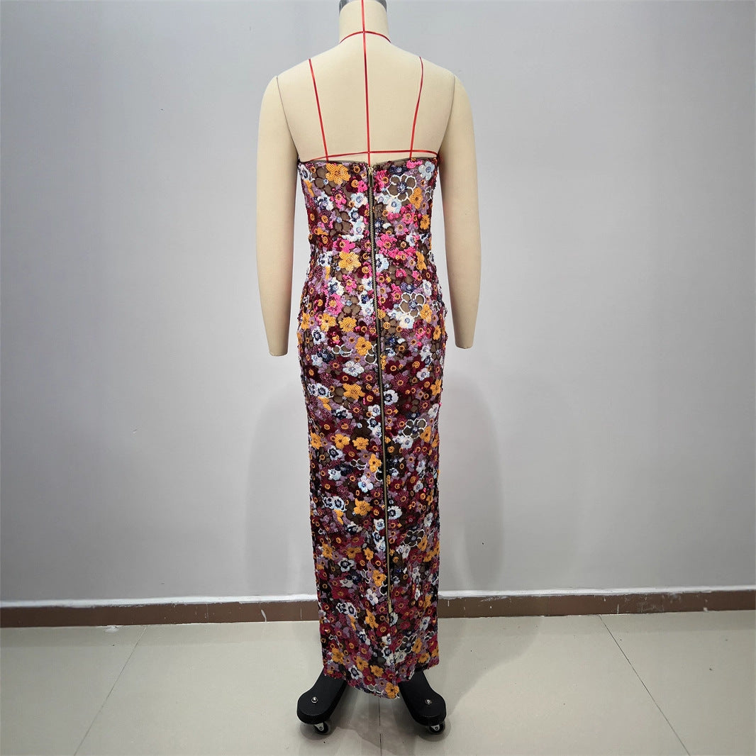 Women's Style Casual Backless Tube Top Slim Fit Floral Decorated Long Bodycon Dress