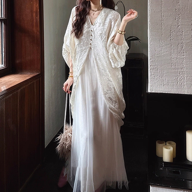 Double Warp Weaving Dyeing and Burnt Flower Printed Dress Casual Versatile Dress