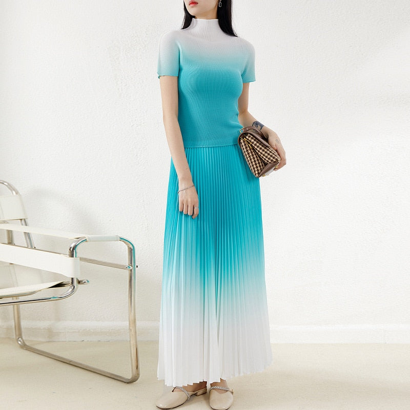 New Pleated Temperament One Size Gradient Color Super Elastic All-Match Top Skirt Waist Large Size Suit