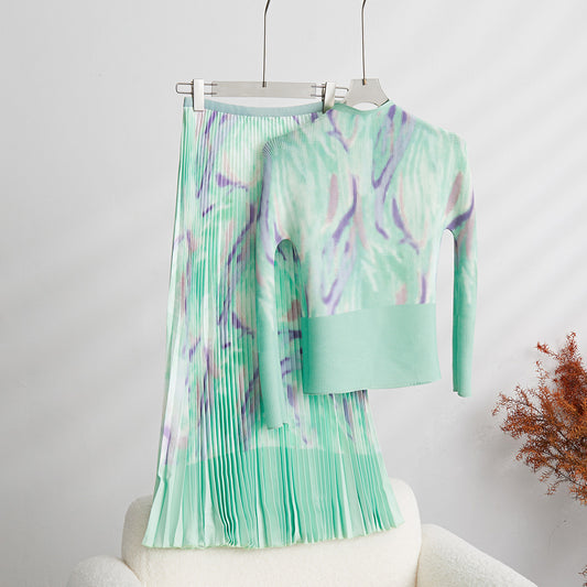 Fashion Print Pleated 2 Pieces Set Women's Round Neck Long Sleeves Slim Top High Waist Spliced Female Clothes