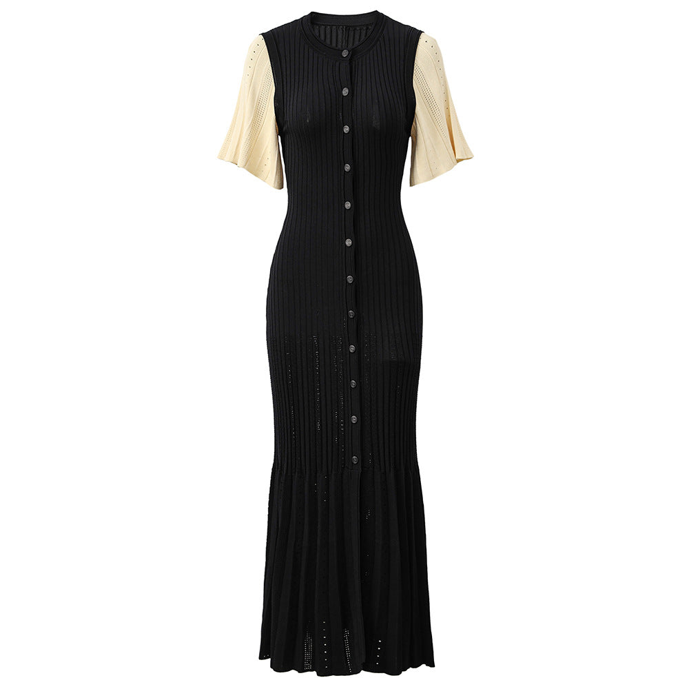 Black flared sleeve dress extra long women's knitted skirt elegant short sleeved skirt