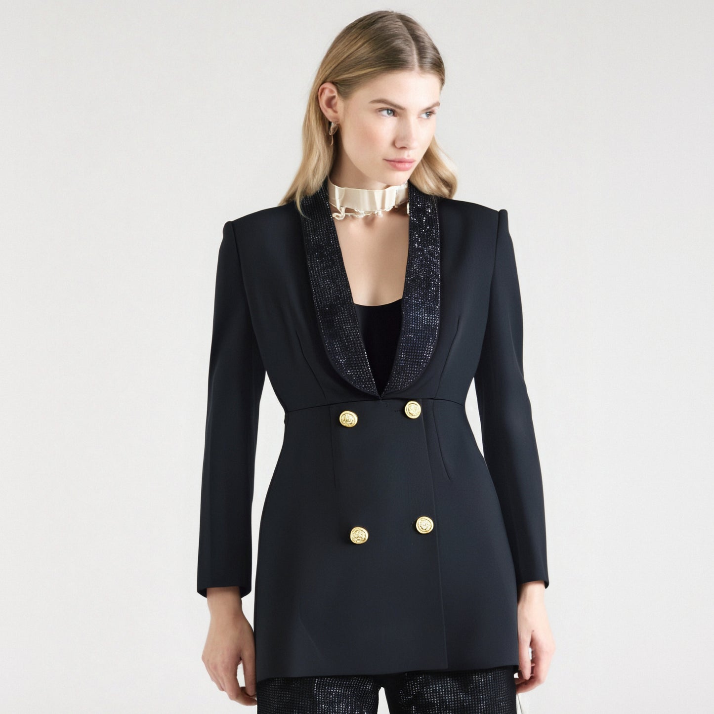 High street style backless style hot pressed diamond autumn new style long sleeved suit skirt
