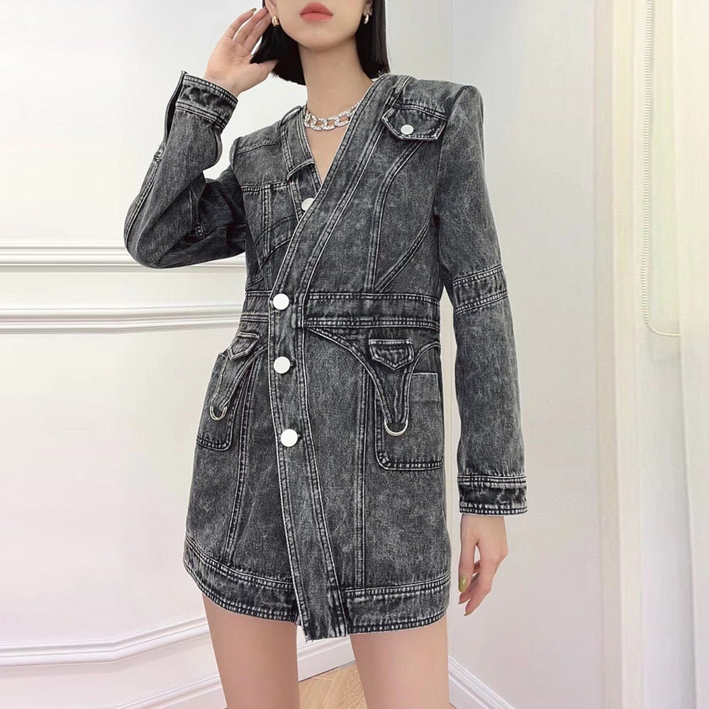 Denim Slim Dress For Women V Neck Long Sleeve High Waist Solid Mini Dresses Female Autumn Clothing Style New