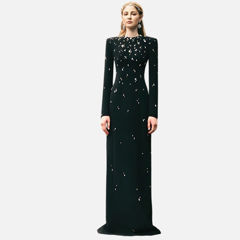 Elegant long evening dress with heavy-duty beading diamond inlay long-sleeved and bandage style