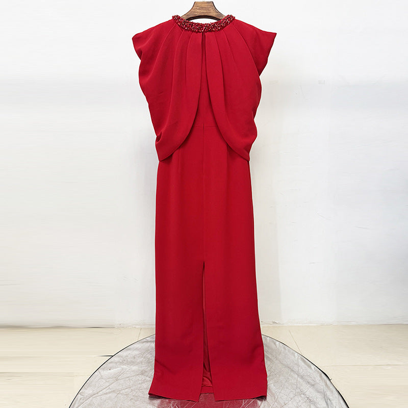 Evening Gown Long Dress with Batwing Sleeve, Shoulder Sleeve, Fitted Beaded Red Full-Length Dress