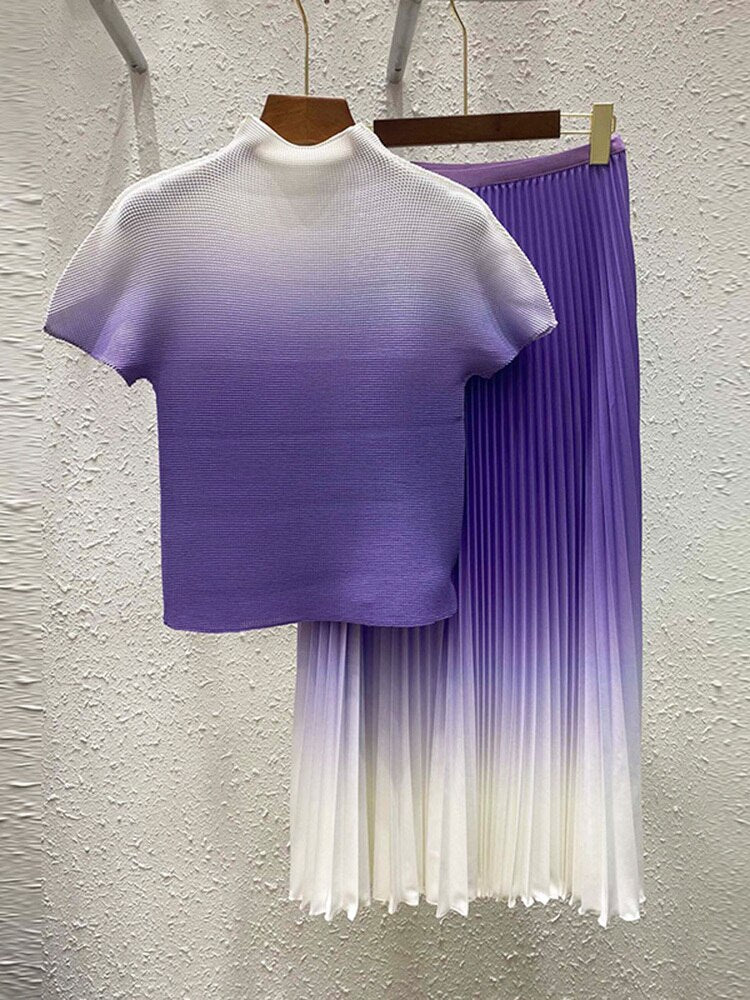 New Pleated Temperament One Size Gradient Color Super Elastic All-Match Top Skirt Waist Large Size Suit