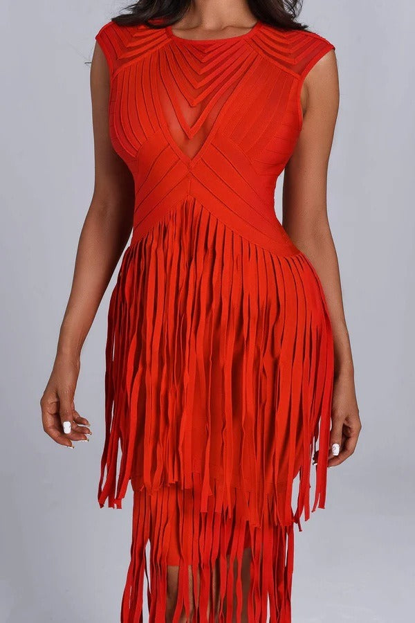 Backless fringe dress red sleeveless luxury bandage skirt hip-covering skirt