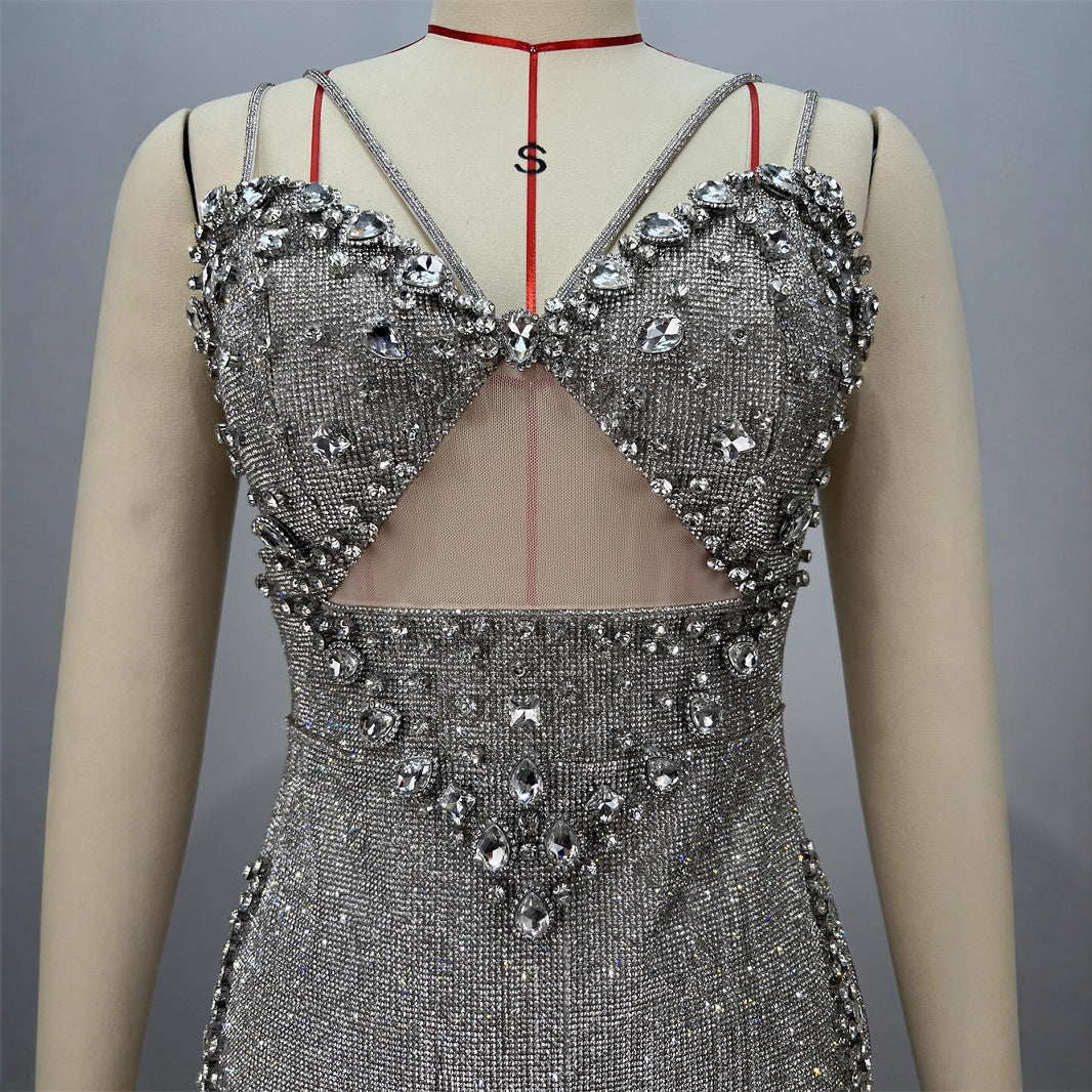 Summer Shiny Diamond Women's Sleeveless Backless Fashion V-Neck Mini Dress