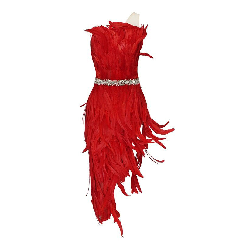 Stylish High Waist Feather Design Red Sequins Dress Sexy One Shoulder Diagonal Collar Celebrity Party Club Dress