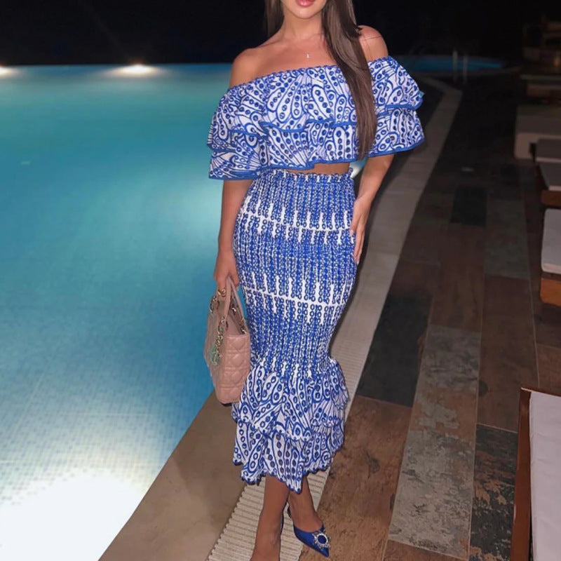 Beach Vacation Style Fashion Casual Set Women Ruffle Irregular Blouse + High Waist Mermaid Skirt Set