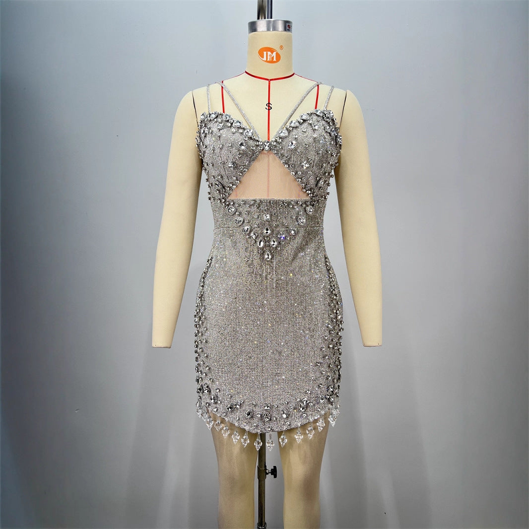Summer Shiny Diamond Women's Sleeveless Backless Fashion V-Neck Mini Dress